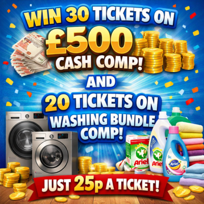 Win 30 tickets on the £500 cash competition and 20 tickets on the washing bundle. Just 25p a ticket